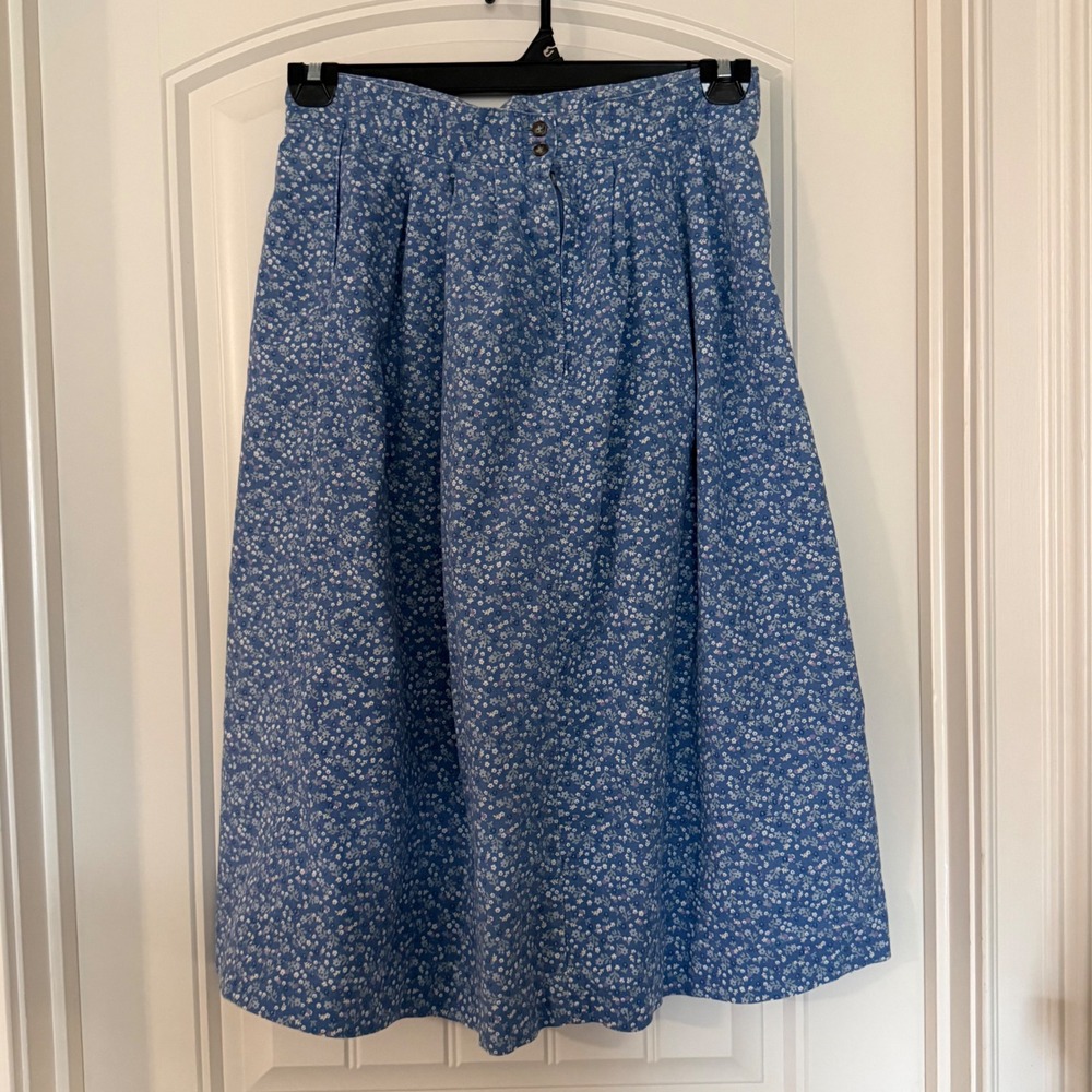 Vintage LL Bean Blue Floral Midi Skirt High Waisted Pleated A-Line Made in USA